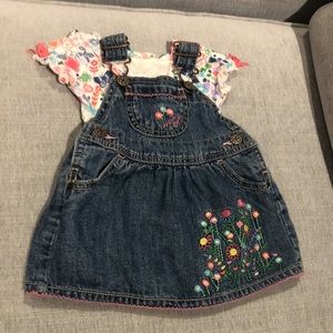 Oshkosh denim overall dress/jumper with matching onesie, Size 0-3mo
